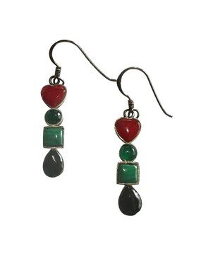 Sterling Silver 925 Dangle Hook Earrings Red Heart Green Red Black